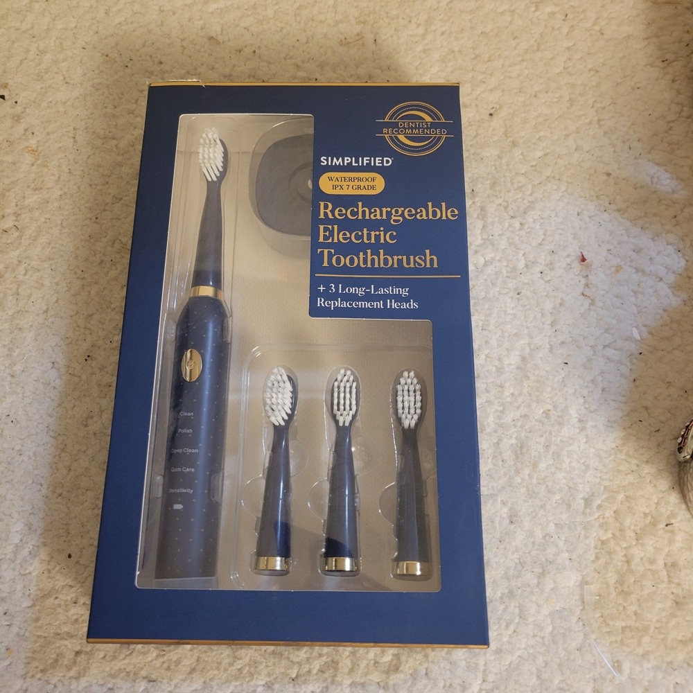 Simplified Rechargeable Electric Toothbrush w/ 3 Replacement Heads IPX7 Blue